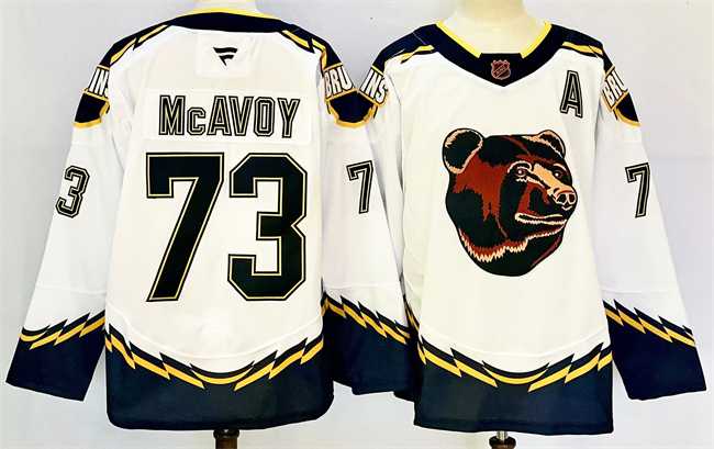 Mens Boston Bruins #73 Charlie McAvoy White 2024-25 With A Patch Reverse Retro Home Stitched Hockey Jersey